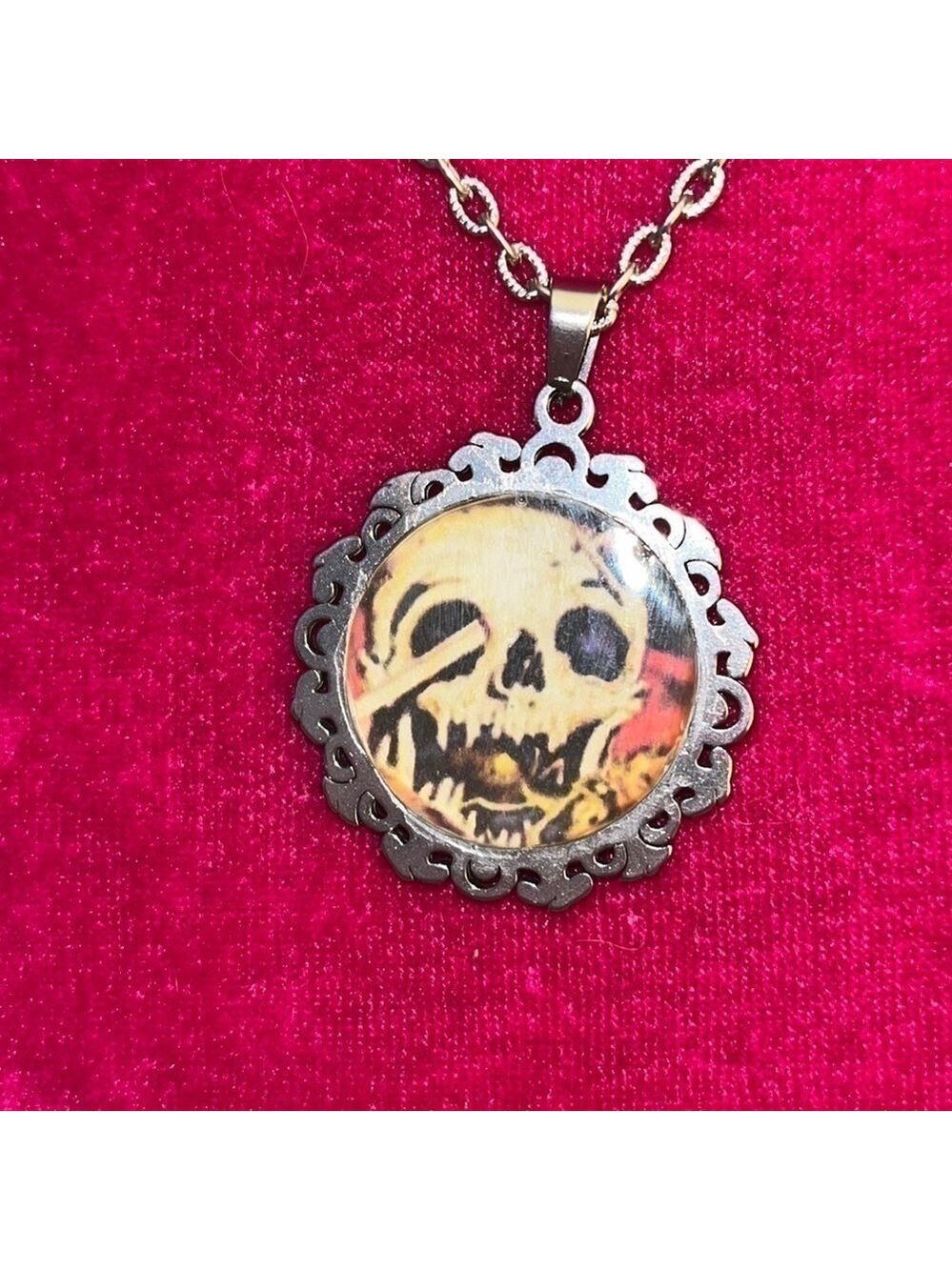 Skull With Sword Through Head Necklace Upcycled Handcrafted Gothic Punk Pin Up